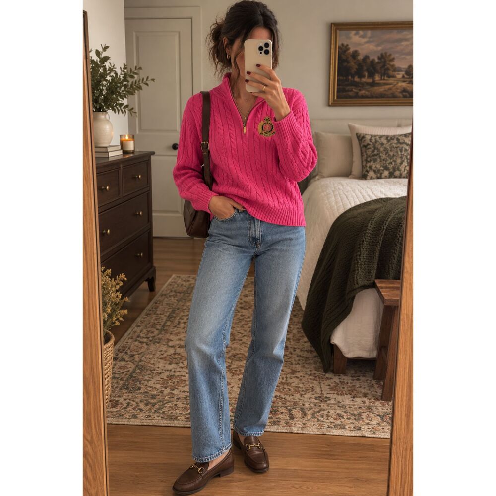 Vintage Lauren Ralph Lauren Pink Cable Knit Quarter Zip Crest Sweater P/M
